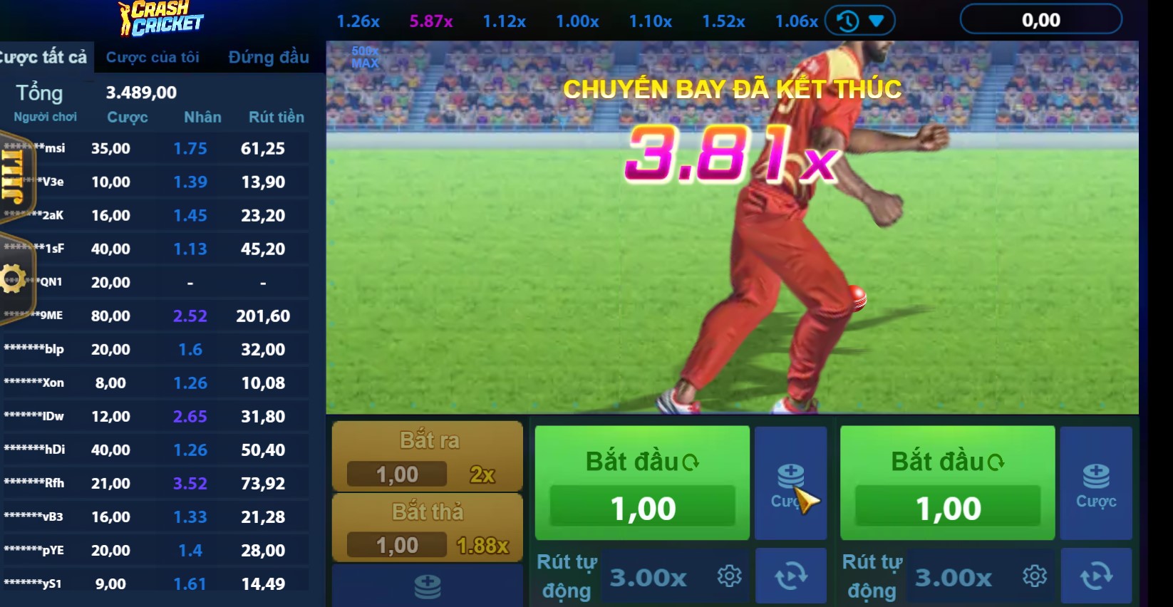 Nổ Hũ Crash Cricket Alo789 2 Giao diện game Nổ hũ Crash Cricket